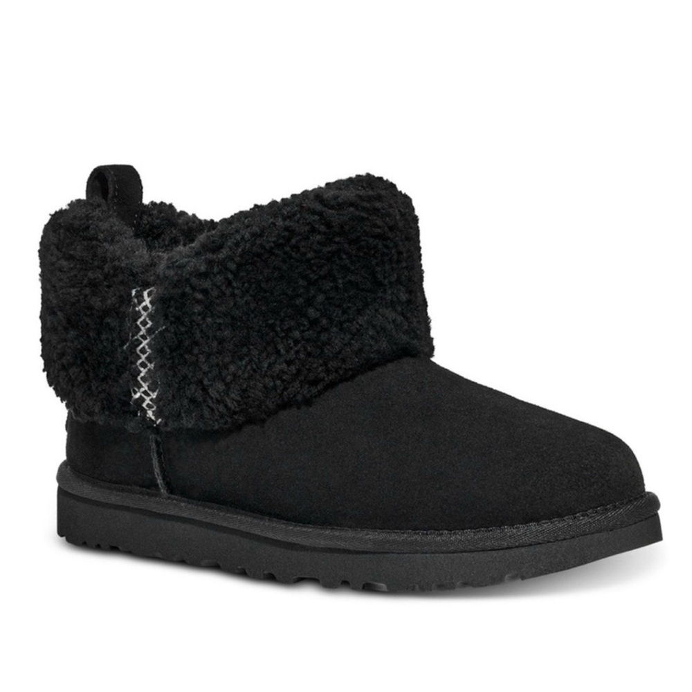 UGG Mini Braid Black Sherpa Lined Slip-On Bootie Womens 8